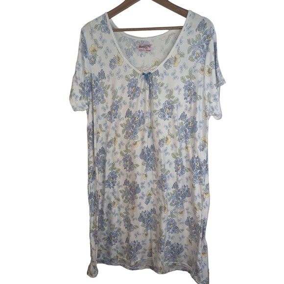 Betsy TW Modest Cottagecore knee length Nightgown Floral Sz L/XL Lace Blue - Picture 1 of 6